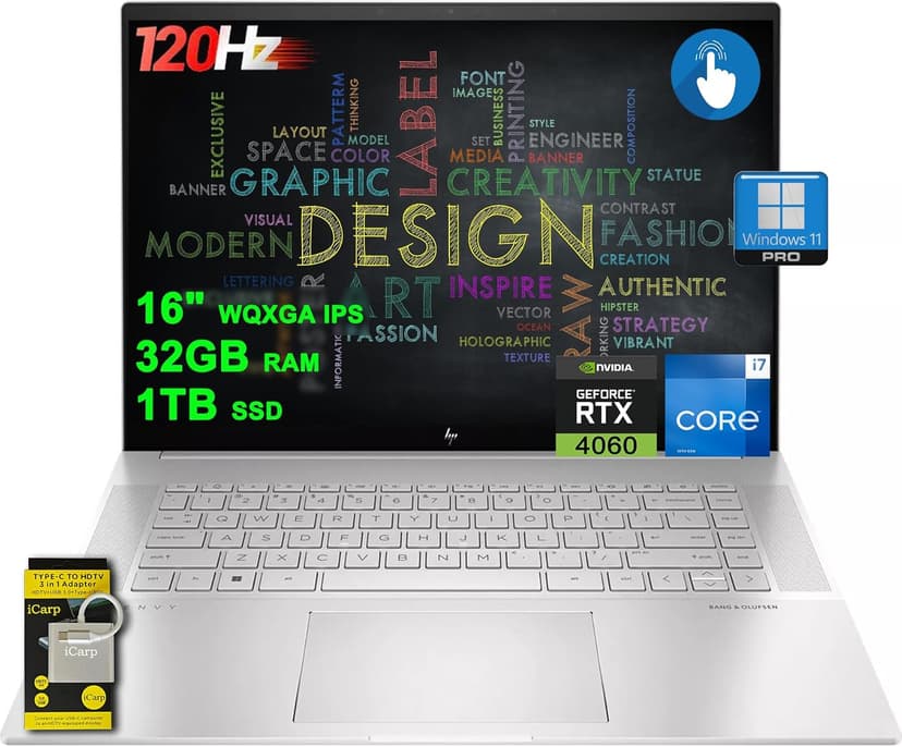 HP Envy 16 Laptop for Creator/Designer/Business Pro 16" QHD+ 120Hz Touchscreen (400nits 100% sRGB) Intel 14-core i7-13700H 32GB RAM 1TB SSD RTX 4060 Thunderbolt 4 IR Privacy Camera Win11Pro /ICP Hub