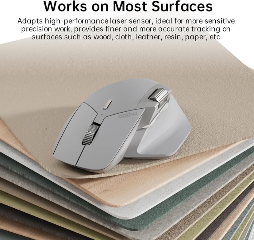 Rapoo MT760 Multi-Device Wireless Mouse, Bluetooth 5.0 and 2.4G Multi-Mode Connection, Up to 4 Devices, 11 Programmable Buttons, 4K DPI, 90 Days Battery Life, PC, Light Grey