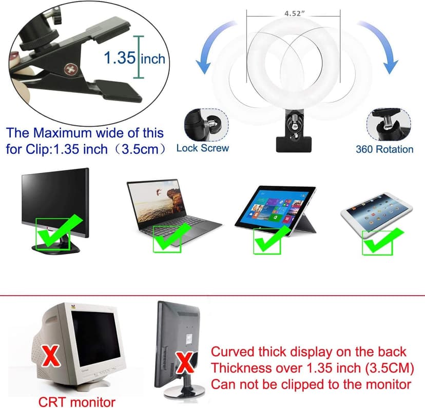 Ring Light Video Conference Lighting Kit 3200k-6500K Dimmable Led Clip on Computer Monitor Laptop Phone for Content Creator (YouTube/TikTok/Twitch) Makeup,Conference,Selfie,Video,Vlog (Black)