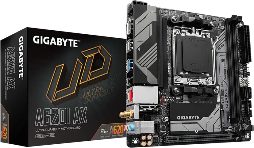GIGABYTE A620I AX (AM5/ LGA 1718/ AMD/ A620/ Mini-ITX/ 5-Year Warranty/ DDR5/ Single M.2/ PCIe 4.0/ USB 3.2 Gen1 Type-C/Realtek Wi-Fi 6E/ Realtek 2.5GbE/ Q-Flash Plus/PCIe EZ-Latch/Motherboard)