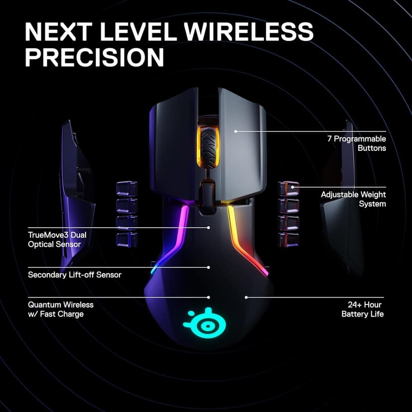 SteelSeries Rival 650 Quantum Wireless Gaming Mouse - Rapid Charging, 12,000 Cpi Dual Sensor, 256 Weight Configs, 8 Zone RGB Lighting