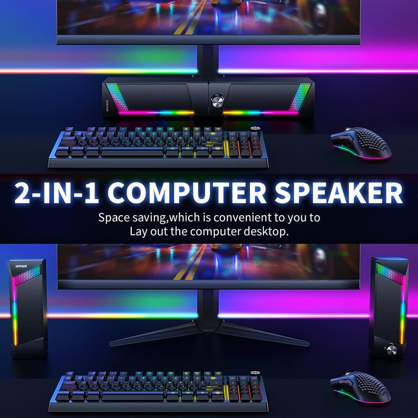 Computer Speakers, 2 in 1 PC Speaker , Gaming Speakers for PC Computer Laptop Desktop Monitor, RGB Speakers with Touch Sensitive Lighting, USB Powered 3.5mm Aux（Package Only Two Speaker, No Soundbar）