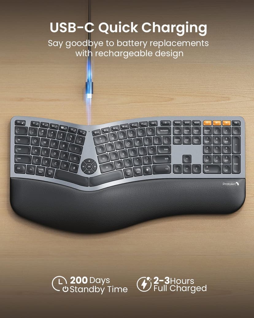 ProtoArc Backlit Bluetooth Ergonomic Keyboard, EK01 Plus Full Size Wireless Split Keyboard with Dual Bluetooth and USB, Cushioned Wrist Rest, Rechargeable, Compatible with Windows/Mac/Android, Grey