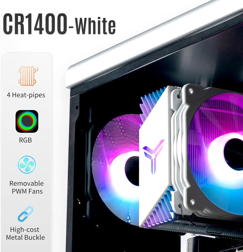 Jonsbo CR1400 RGB CPU Air Cooler, 4 Heat-Pipes, 126mm RGB CPU Fan, Removable 92mm PWM Fans, Fins Bending, 4-pin RGB CPU Cooler, RGB Lighting for AMD Ryzen/Intel LGA 1700 115X, White