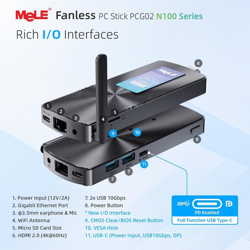 MeLE PCG02 N100 Slim Mini PC Stick Windows 11 Home 4GB/128GB, Full Function USB-C Fanless Mini Computer Stick 2X HDMI 4K Display 2.4/5G WiFi BT5.1 GbE Micro PC with Vesa, on Office IoT Digital Signage