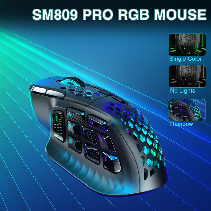 SM809 Pro Wireless MMO Gaming Mouse with 9 Side Buttons,24000 DPI,Triple Connectivity (2.4G/BT5.0/Wired) RGB MMO Mouse for Gamer,16 Programmable Macros,Up to 350H Battery Life,Black