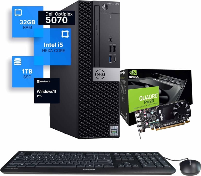 Dell Workstation 5070 PC Computer, Intel i5-9500, Editing/Design Nvidia Quadro P620, Crucial 32GB RAM, 1TB NVMe M.2, Windows 11 Pro, WiFi, Cherry Keyboard & Mouse, Office Desktop Computers (Renewed)