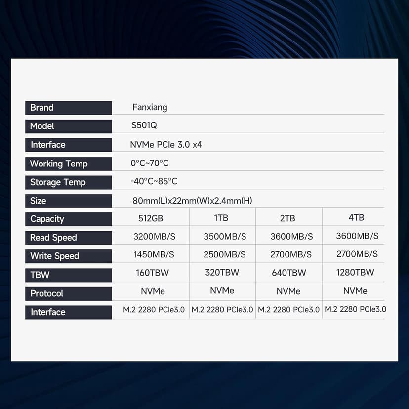 S501Q SSD 512GB PCle 3.0x4 Internal Solid State Drive, NVMe M.2 2280 Internal Solid State Drive, SLC Cache 3D NAND Up to 3200MB/s for Laptop and PC Desktops