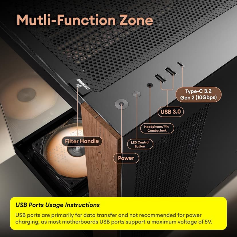 Genuine Walnut Wood PC Case, Pre-Installed 4 x 120mm ARGB & PWM Fans, Type-C Port, Panoramic View Tempered Glass Side Panel, Black, ATX Case, Mid-Tower, Mirage 6