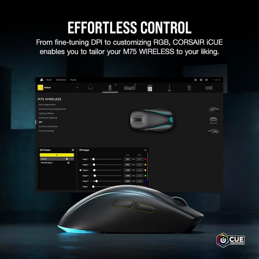 Corsair M75 Wireless RGB Lightweight FPS Gaming Mouse – 26,000 DPI – Swappable Side Buttons – iCUE Compatible – PC – Black