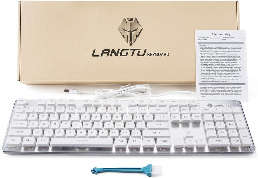 LANGTU Membrane Gaming Keyboard, Rainbow LED Backlit Quiet Keyboard for Office, USB Wired All-Metal Panel 25 Keys Anti-ghosting Computer Keyboard 104 Keys - L1 White/Silver