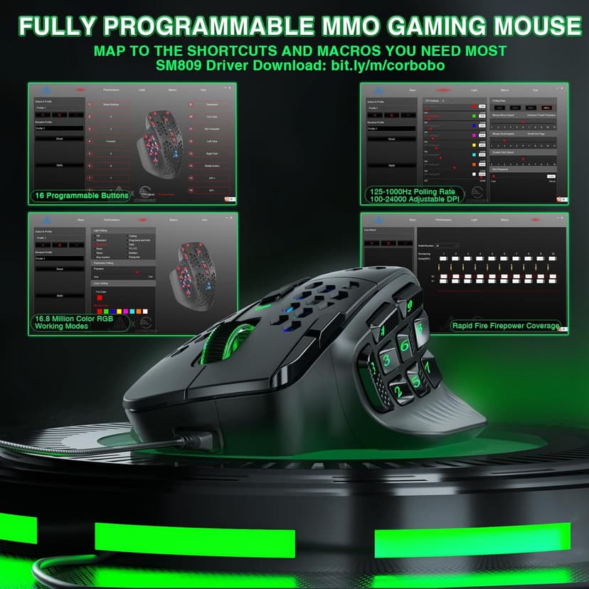 SOLAKAKA SM809 Wired MMO Gaming Mouse, with 9 Side Buttons RGB Mouse, 24000 DPI High-Precision Optical Sensor, Ergonomic Mice, 16 Programmable Macro Shortcuts/Remapping PC Gaming Mouse for FPS Games