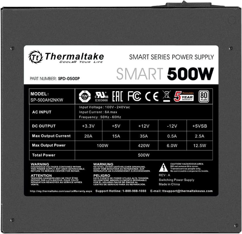 Thermaltake Smart 500W 80+ White Certified PSU, Continuous Power with 120mm Ultra Quiet Cooling Fan, ATX 12V V2.3/EPS 12V Active PFC Power Supply PS-SPD-0500NPCWUS-W