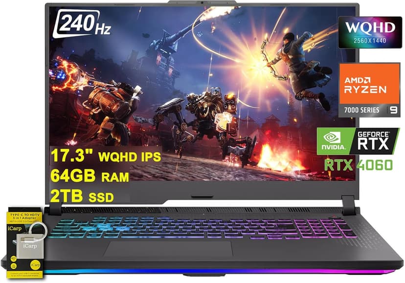 Asus ROG Strix G17 G713 Gaming Laptop 17.3" WQHD IPS 240Hz AMD 12-Core Ryzen 9 7845HX (Beat i9-12900H) 64GB RAM 2TB SSD GeForce RTX 4060 8GB USB-C RGB Backlit Fast Charging Win11 w/ICP Accessory