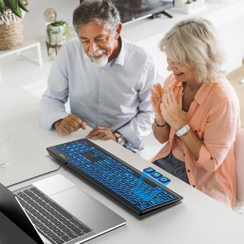 SABLUTE Large Print Backlit Keyboard, Wired USB Lighted Computer Keyboards with 7-Color & 4 Modes Backlit, Oversize Letters Keys Easy to See and Type, Quiet Keyboard Compatible for PC, Laptop