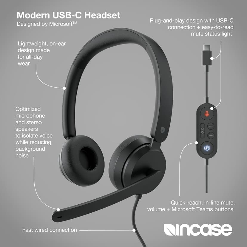 Incase Modern USB-C Headset - Designed by Microsoft - Wired USB-C Connection, On-Ear Stereo Headphones, Noise Cancelling Mic & Volume Controls, Teams Certified, Optimized Mic & Speakers - Mac/Windows