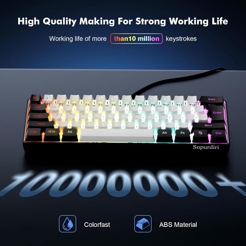 Snpurdiri 60% Wired Gaming Keyboard, 61 Keys RGB Backlit Ultra-Compact Small Gaming Keyboard, for PC/Mac Gamer, Typist, Travel, Easy to Carry on Business Trip(Black-White)