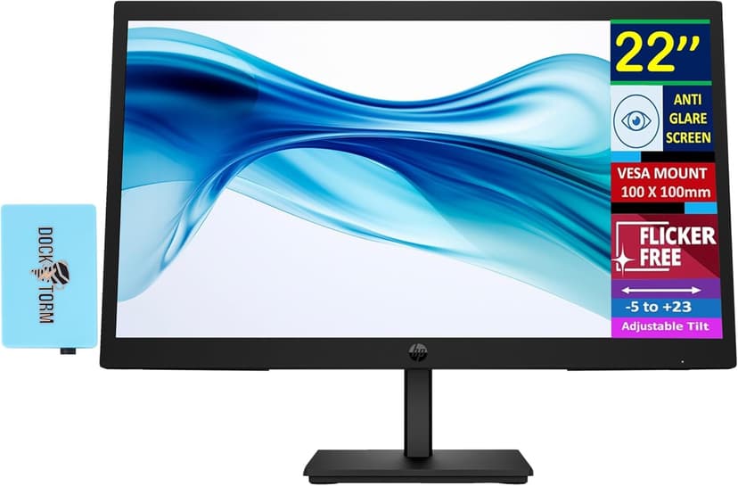 HP 22" Series 3 Pro 322pv FHD Monitor with 5 ms Response Time, Anti-Glare, Flicker Free, VESA Mount (100x100mm), HDMI, VGA & Dockztorm USB Port Expander, Black (9U5A2AA#ABA) (2025 Latest Model)
