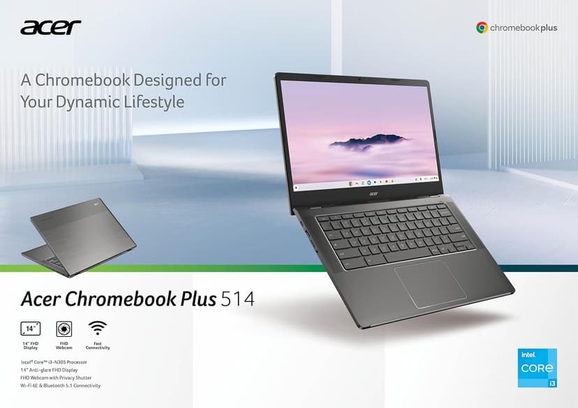 acer Chromebook Plus 514 Laptop with Google AI – 14" Full HD 1920 x 1080 IPS Touch Display | Intel Core i3-N305 | 8GB LPDDR5 | 128GB SSD | Wi-Fi 6E | FHD Camera | Chrome OS | CB514-4HT-375Z (Renewed)