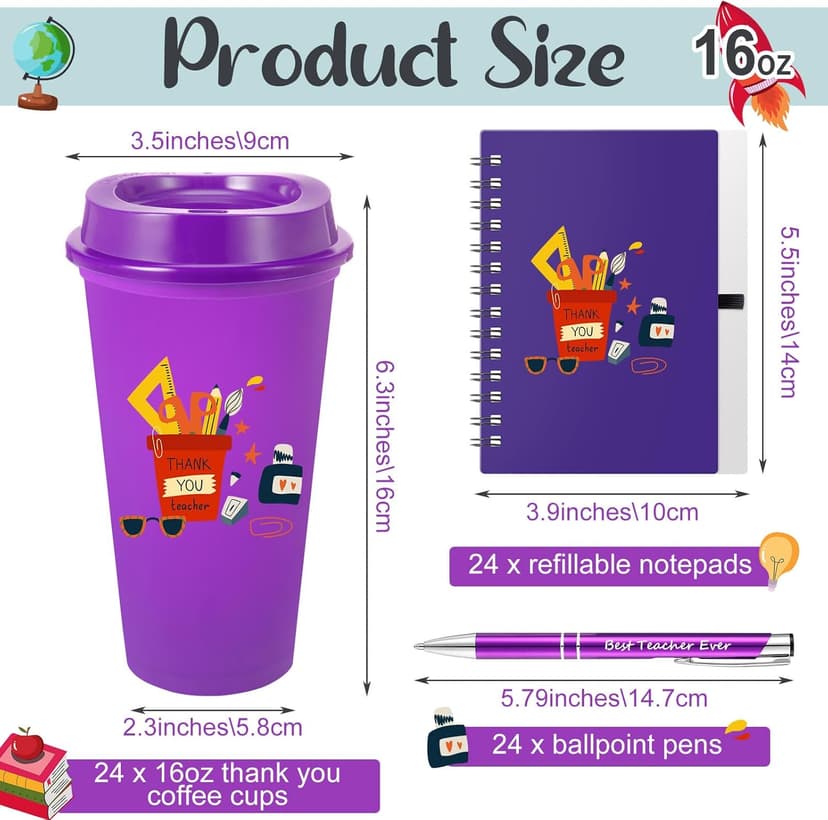 72 Pcs Back to School Teacher Appreciation Gifts Bulk 16oz Plastic Coffee Cups with Lid Notebooks and Ballpoint Pens for Christmas Teacher Thank You Gift(Classic 2)