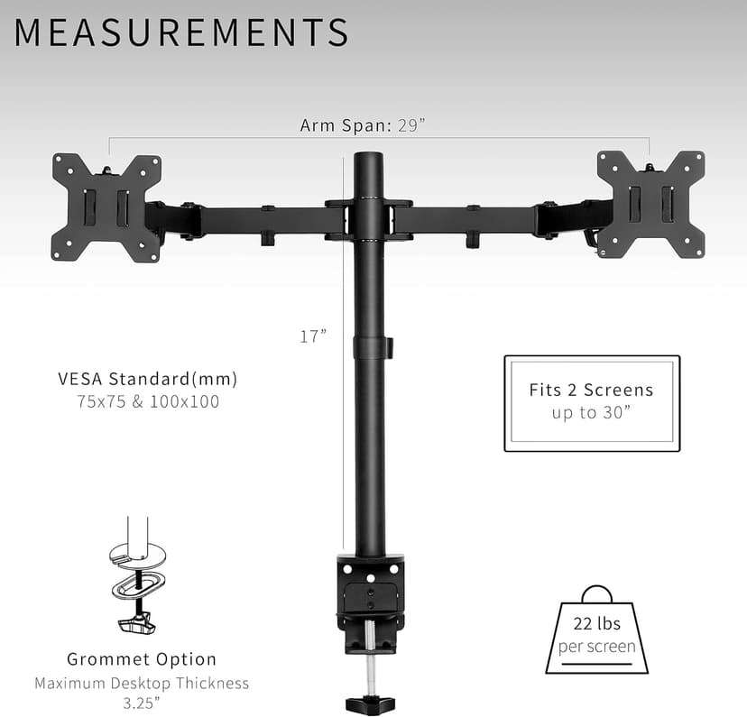 VIVO Dual Monitor Desk Mount, Heavy Duty Fully Adjustable Steel Stand, Holds 2 Computer Screens up to 30 inches and Max 22lbs Each, Black, STAND-V002
