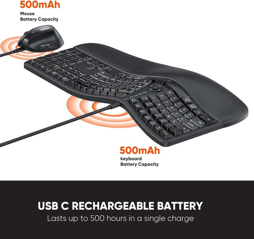 MEETION Ergonomic Wireless Keyboard and Mouse, Ergo Keyboard with Vertical Mouse, Split Cushioned Wrist Palm Rest, Natural Typing, Rechargeable, Full Size, Windows/Mac/Computer/Laptop, Black DirectorC