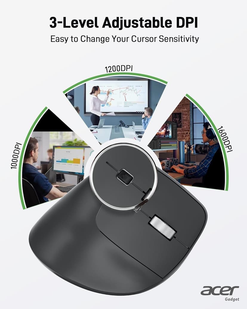 acer Ergonomic Mouse Wireless, 1000/1200/1600 Adjustable DPI Vertical Mouse with 6 Buttons, Rechargeable Ergo Mice with 2.4GHz USB Receiver for Computer, Laptop, PC, iMac and Desktop