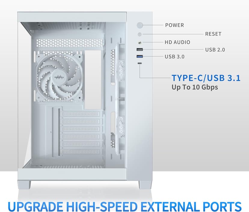 MUSETEX ATX PC Case, 6 PWM ARGB Fans Pre-Installed, 360MM RAD Support, Type-C Gaming PC Case, 270° Full View Tempered Glass Mid Tower, Pure White ATX Computer Case,Y6
