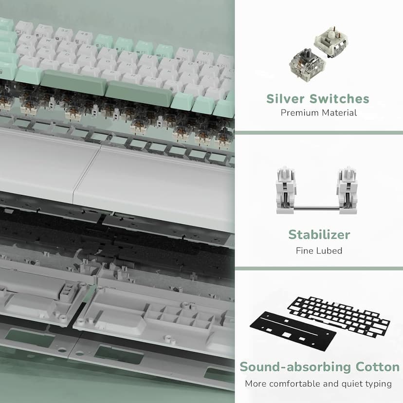 RK ROYAL KLUDGE RKS70 Ergonomic Split Mechanical Keyboard, Wireless Bluetooth/2.4G/Wired Keyboard with Wrist Rest, 75% RGB PC Gaming Keyboards for Win/Mac, Hot Swappable Silver Grey Switches, White