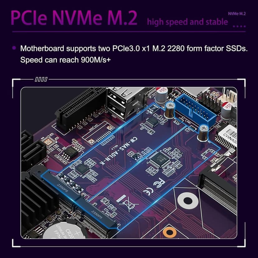 N150 Industrial Motherboard NAS 4 Cores 4 Threads Low Power Processor 2x2.5G i226 Network M.2 Slot 6xSATA 2* M.2 NVMe 2280, 1* PCIe 3.0x4, 1* TF Slot, Dual 4K Display, 6* USB