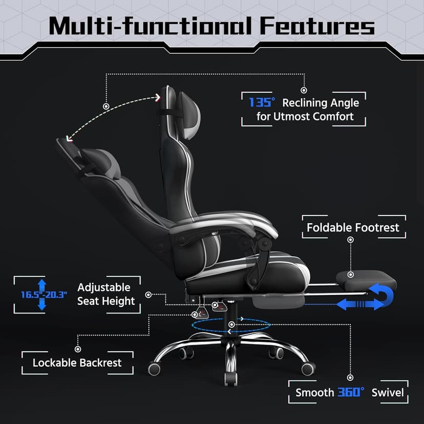 Yaheetech Gaming Chair, Video Game Chair with Massage Lumbar Support and Footrest Height Adjustable Ergonomic Computer Gaming Chair with Swivel Seat and Headrest, Black/White