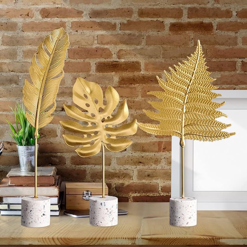 Gold Leaf Statues, Modern Metal Iron Art Crafts Sculpture Golden Leaves Sculpture with Base, Desktop Ornaments Home Office Figurine for Table Decor