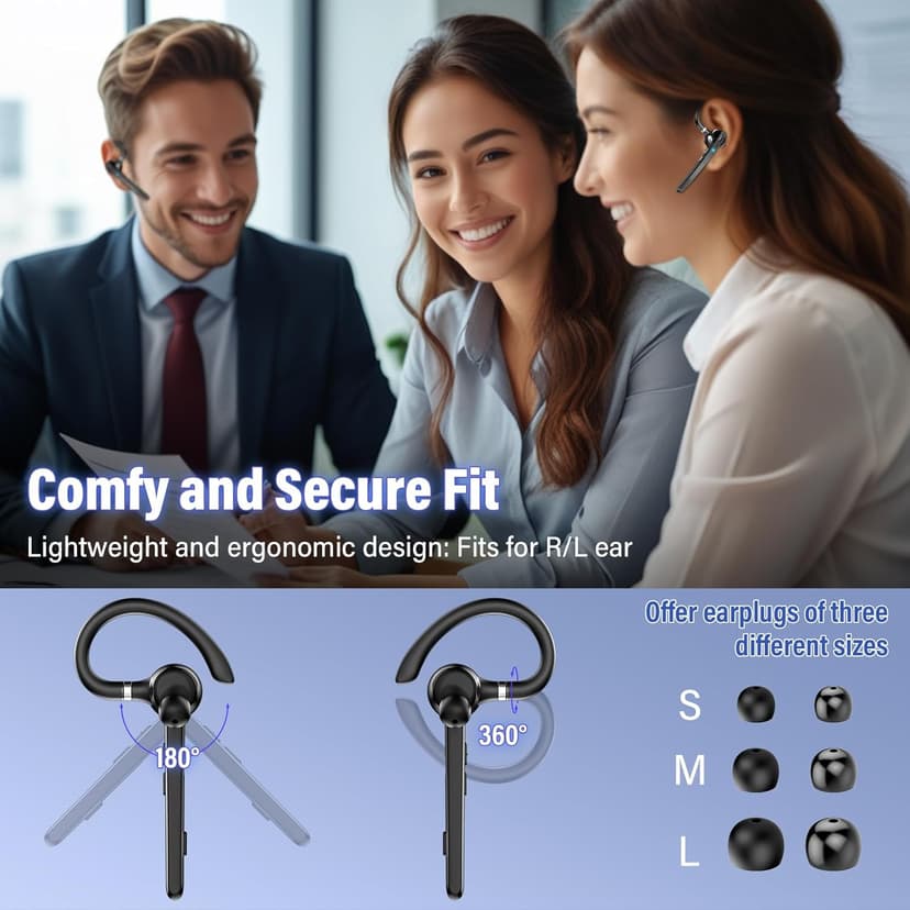 Bluetooth Headset, Wireless Bluetooth 5.3 Earpiece, 90Hrs Hands Free Headset with APTX HD Audio & Mute Button, Dual Noise Cancelling Mics, Single-Ear Headphone for Trucker/Business/Office/Gym