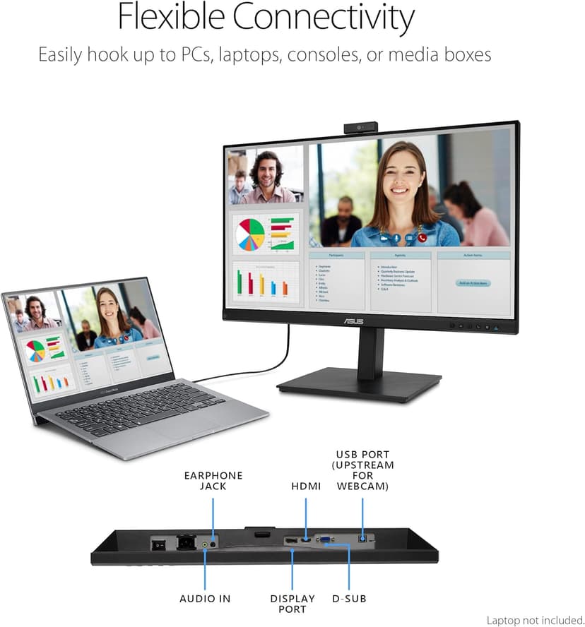ASUS 27” 1080P Video Conference Monitor (BE279QSK) - Full HD, IPS, Built-in Adjustable 2MP Webcam, Mic Array, Speakers, Eye Care, Wall Mountable, Frameless, HDMI, DisplayPort, VGA, Height Adjustable