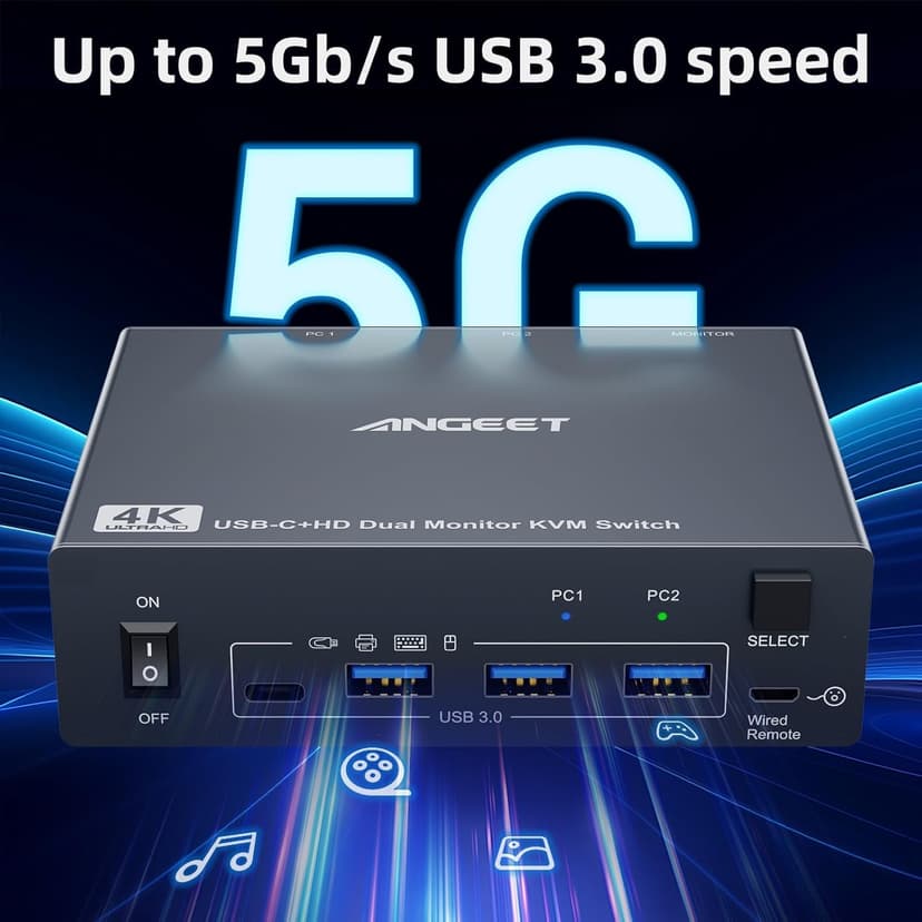 Dual Monitor KVM Switch for Laptop & Desktop 4K@60Hz, USB C and HDMI KVM Switch 2 Monitors 2 Computers with 4 USB 3.0 Port for Keyboard Mouse, 80W PD Charging, with Wired Remote and USB C Cable