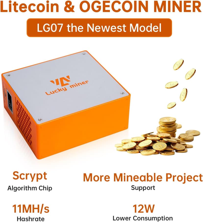 Litecoin, Dogecoin Miner Lucky Miner LG07 Scrypt Algorithm ASIC Miner 11MH/S 2.4GHz WiFi or Hotspot Quiet Include PSU, Crypto Mining Machine for Home Use，Orange