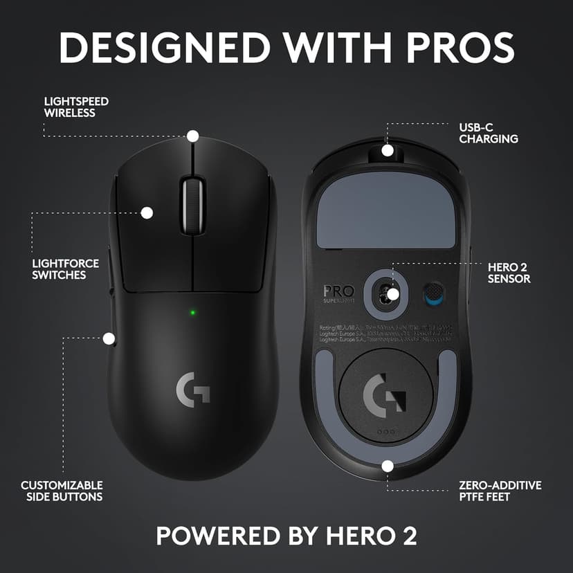 Logitech G PRO X SUPERLIGHT 2 Wireless Gaming Mouse, 60g Pro-Grade with 5 Programmable Buttons, 44k DPI Sensor, 8kHz Report Rate, USB-C Charging for PC/Mac - Black