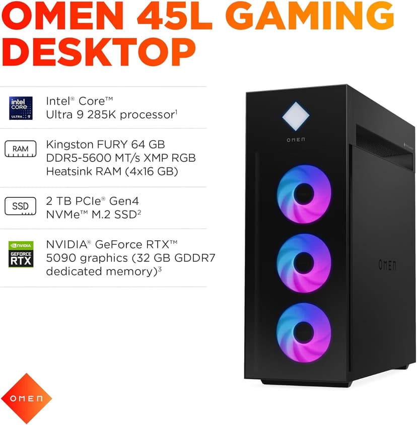 HP OMEN 45L Gaming Desktop, Intel Core Ultra 9 285K, 64 GB RAM, 2 TB SSD, NVIDIA GeForce RTX 5090, Windows 11 Pro, Microsoft Copilot, Tempered Glass, GT22-3090 (2025)