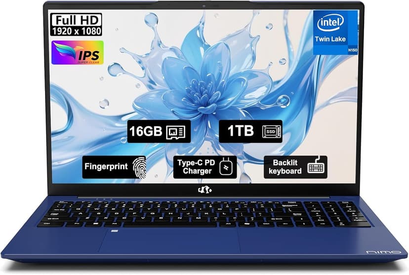 15.6" FHD IPS Student-Laptop Computer - 16GB RAM 1TB SSD, 4 Cores 13th Gen Intel N150(Beat to i3-1115G4, Up to 3.6GHz), 65W GaN Type-C, Fingerprint, Backlit Keyboard, Wi-Fi 6, BT5.2, Numpad