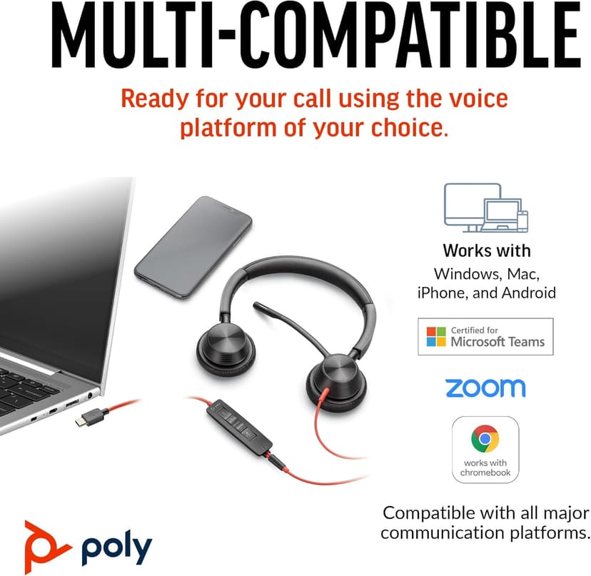 Poly Blackwire 3325 Wired Headset (Plantronics) – Flexible Microphone Boom – Hi-fi Stereo - PC/Mac/Mobile - Certified for Microsoft Teams - Amazon Exclusive