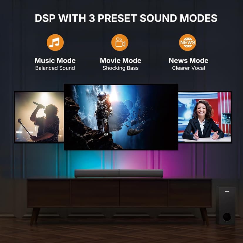Wohome 2.1 Sound Bar for Smart TV with 5 Inches Wired Subwoofer, 140W, 2 in 1 Detachable Soundbar with RGB-IC Backlight, Bluetooth 5.3, Optical, AUX, USB Input, Bass Adjustable, Remote/Button Control