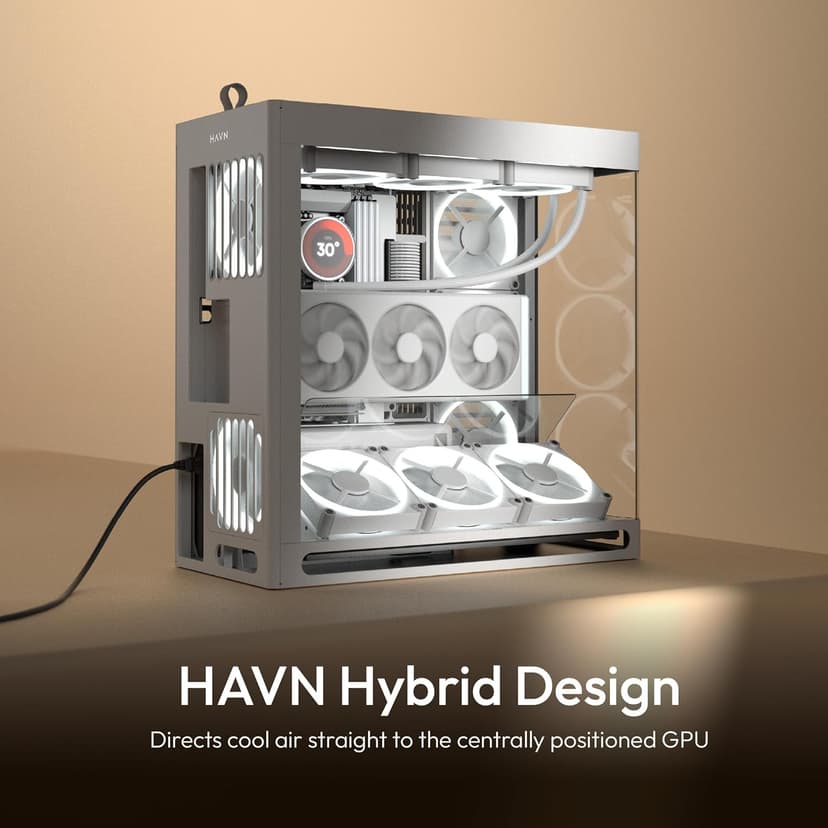 HAVN HS 420 VGPU Dual-Chamber Mid Tower ATX PC Case White | PCIe 5.0 Vertical GPU Kit, 11x 140mm Fan Slots & 2X 420mm Radiator Support, SimpliCable Cable Management, Tempered Glass, PWM Fan Hub