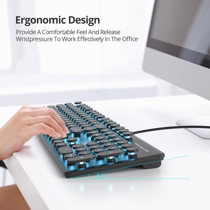 Wired Quiet Membrane Keyboard,Full Size 104-Keys Retro Punk Typewriter Blue LED Backlit ，USB Ultra Slim Gaming Keyboard with ABS Round keycaps for Windows/PC/Laptop (Black)