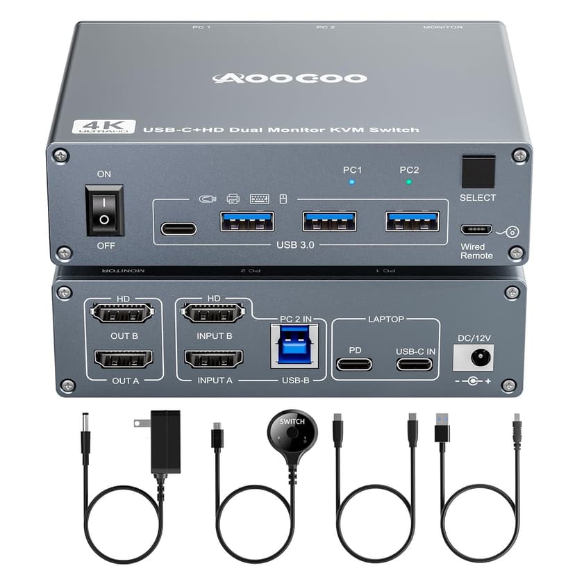 USB C KVM Switch 4K@60Hz,Dual Monitor USB C HDMI KVM Switch for 1 PC and 1 Laptop Sharing 2 Monitor and 4 USB3.0 Devices, PD Power for Laptop with Wired Remote Control and USB Cables Included