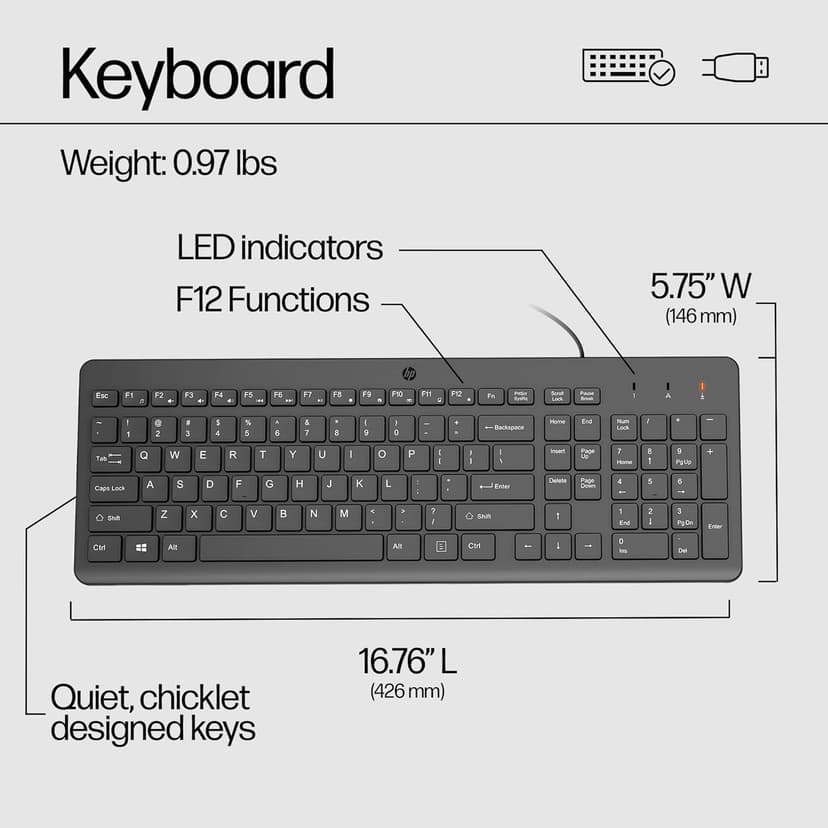 HP 150 Wired Keyboard with Numeric Keypad - Silent-Touch Chiclet Keyboard - Ergonomic, Comfortable - USB Plug-and-Connectivity, LED Indicators (664R5AA, Black)
