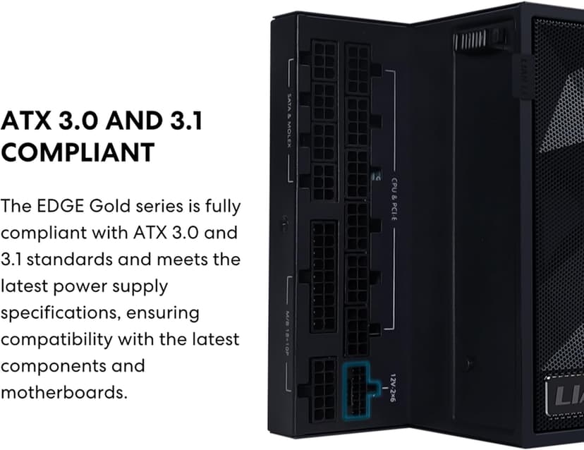 Lian Li Edge Serie - 1000W Full Modular Power Supply (Fan USB Hub Included) - Gold - ATX 3.1 - PCIE 5.1 Support - 12V-2x6 Connector - L-Shape Design for Dual Chamber Case - White (EG1000G.WH)