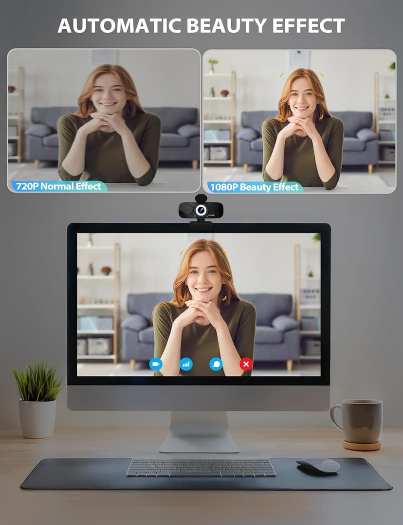 Full HD 1080P Webcam with Microphone and Rotatable Tripod, Light Correction, Wide Angle and Plug and Play Video Camera for Desktop PC or Laptop