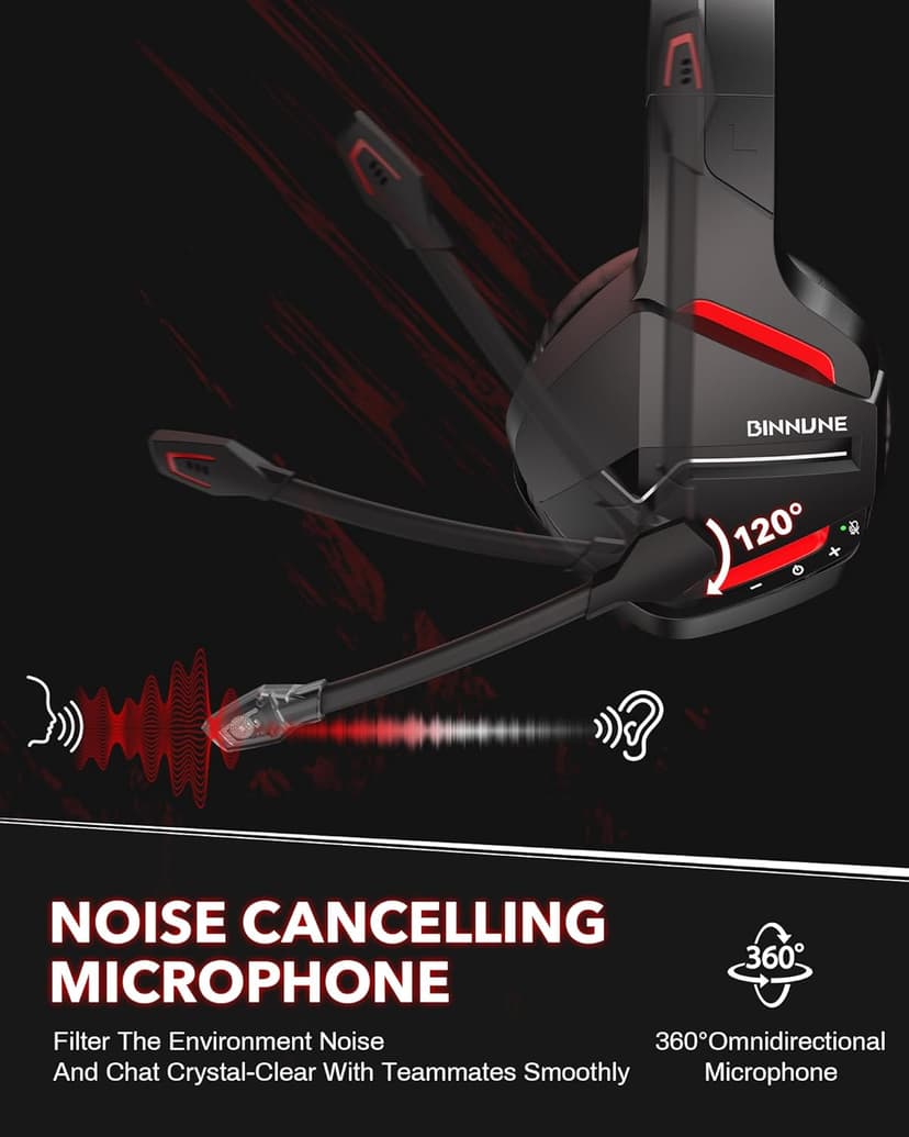 BINNUNE Wireless Gaming Headset with 2.4GHz for PS5, PS4, PC, Switch, FPS Gamers, 120Hrs+ Bluetooth 5.3 Gaming Headsets with Noise Canceling Mic, 50MM Headphones for Laptop, Mobile, Mac (Red)