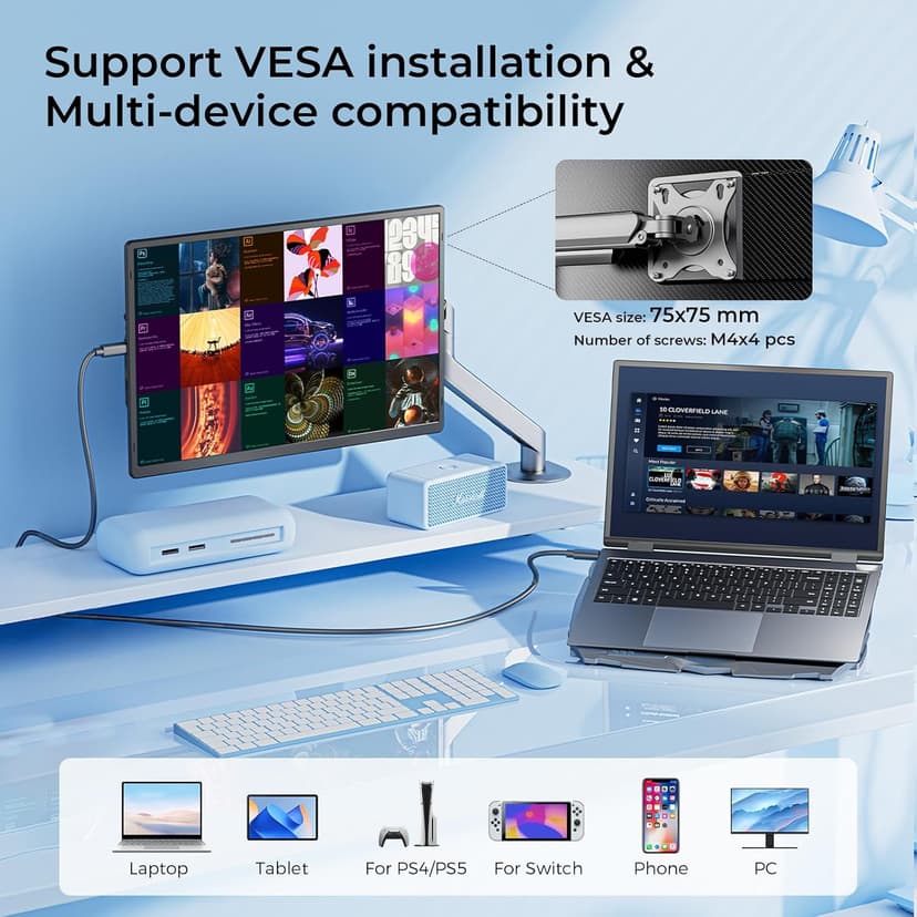 Laptop Screen Extender 16.1", 1200P FHD, Portable Monitor 360° Rotating Detachable Stand, Height Adjustable Laptop Monitor Extender for Laptop 13-17.5", Plug-Play for Mac/OS/Wins/Chrome/Dex