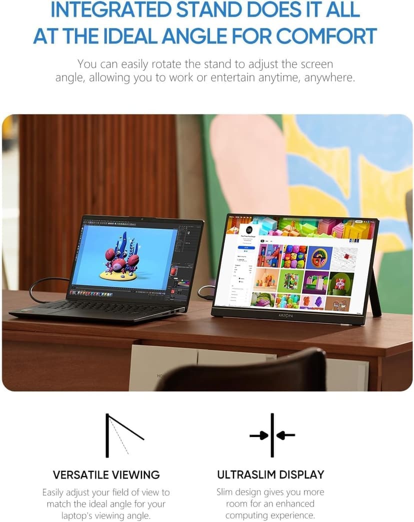 ARZOPA Portable Monitor 15.6'' FHD 1080P - Ultra-Slim Portable Laptop Monitor with Kickstand - IPS Display for PC, MAC, Phone, Xbox, PS5 - USB C & HDMI Connectivity - A1